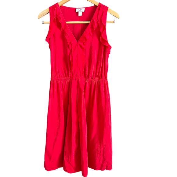 LOFT | Petites Red Silk V Neck Ruffle Trim Sleeveless Dress | Size 6 Petite - Picture 1 of 4
